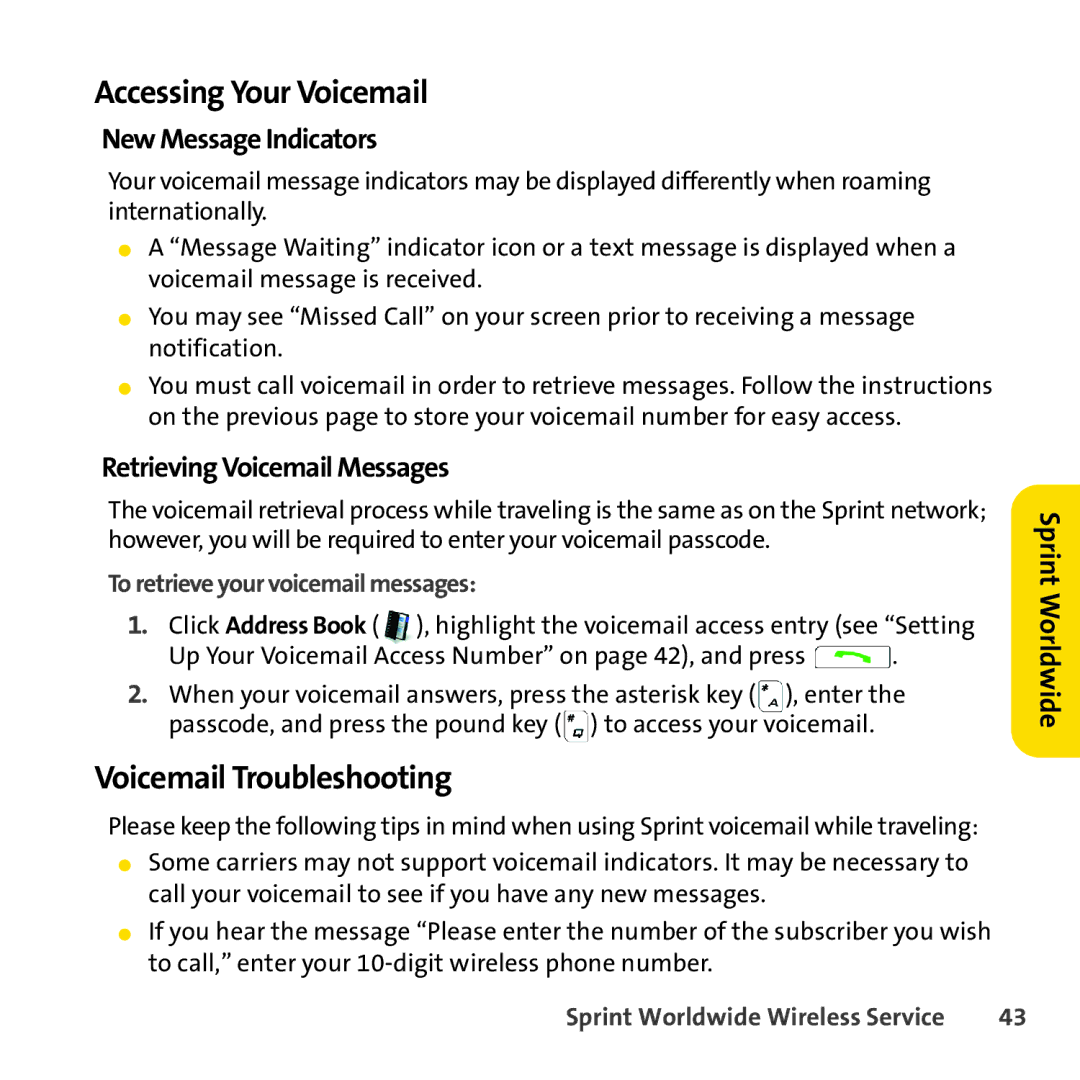 Sprint Nextel 8830 manual Accessing Your Voicemail, Voicemail Troubleshooting, New Message Indicators 