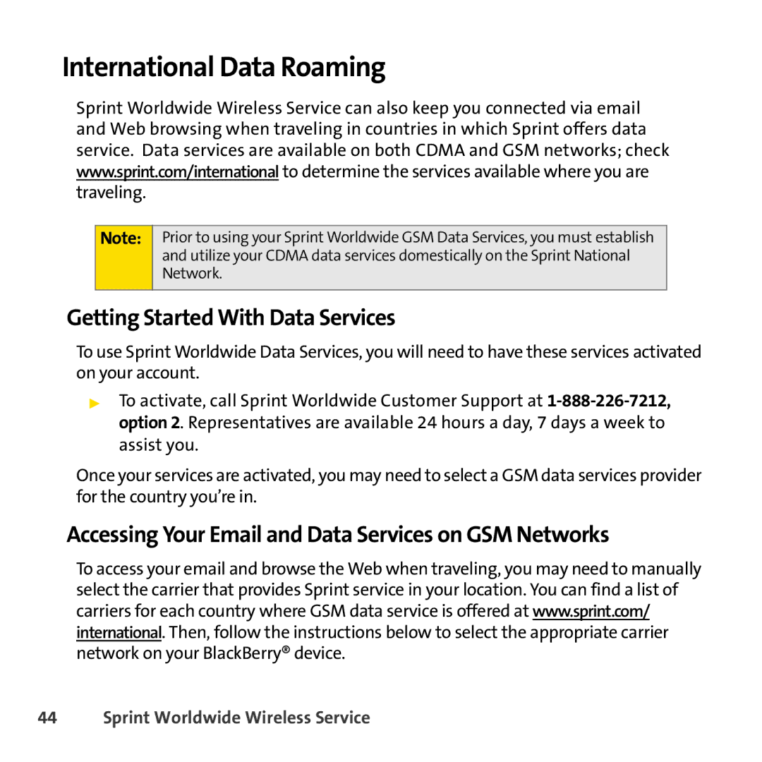 Sprint Nextel 8830 manual International Data Roaming, Getting Started With Data Services 