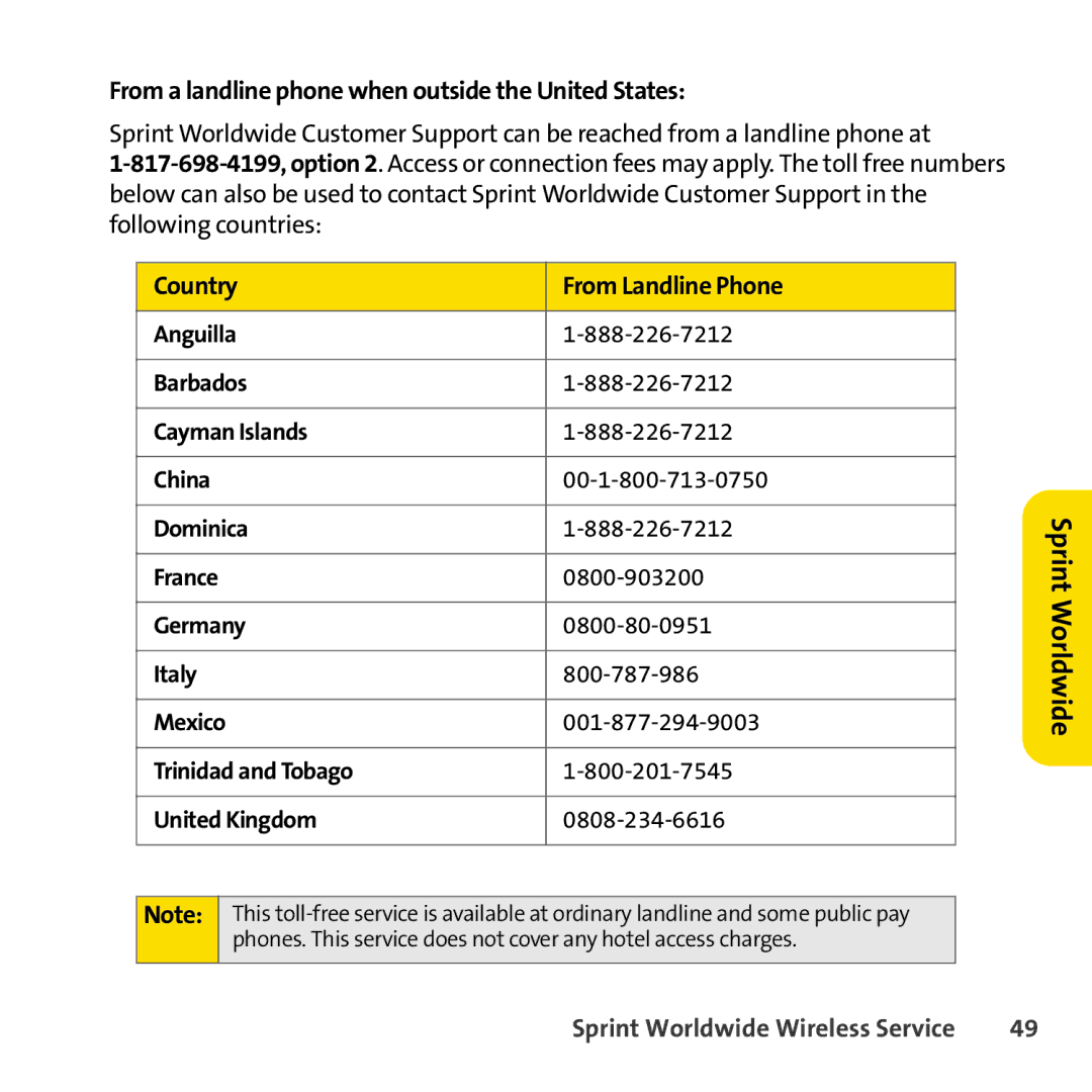 Sprint Nextel 8830 manual From a landline phone when outside the United States, France 0800-903200 Dominica 