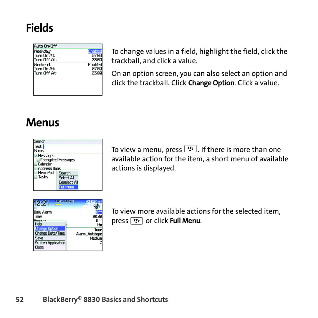 Sprint Nextel 8830 manual Fields, Menus 