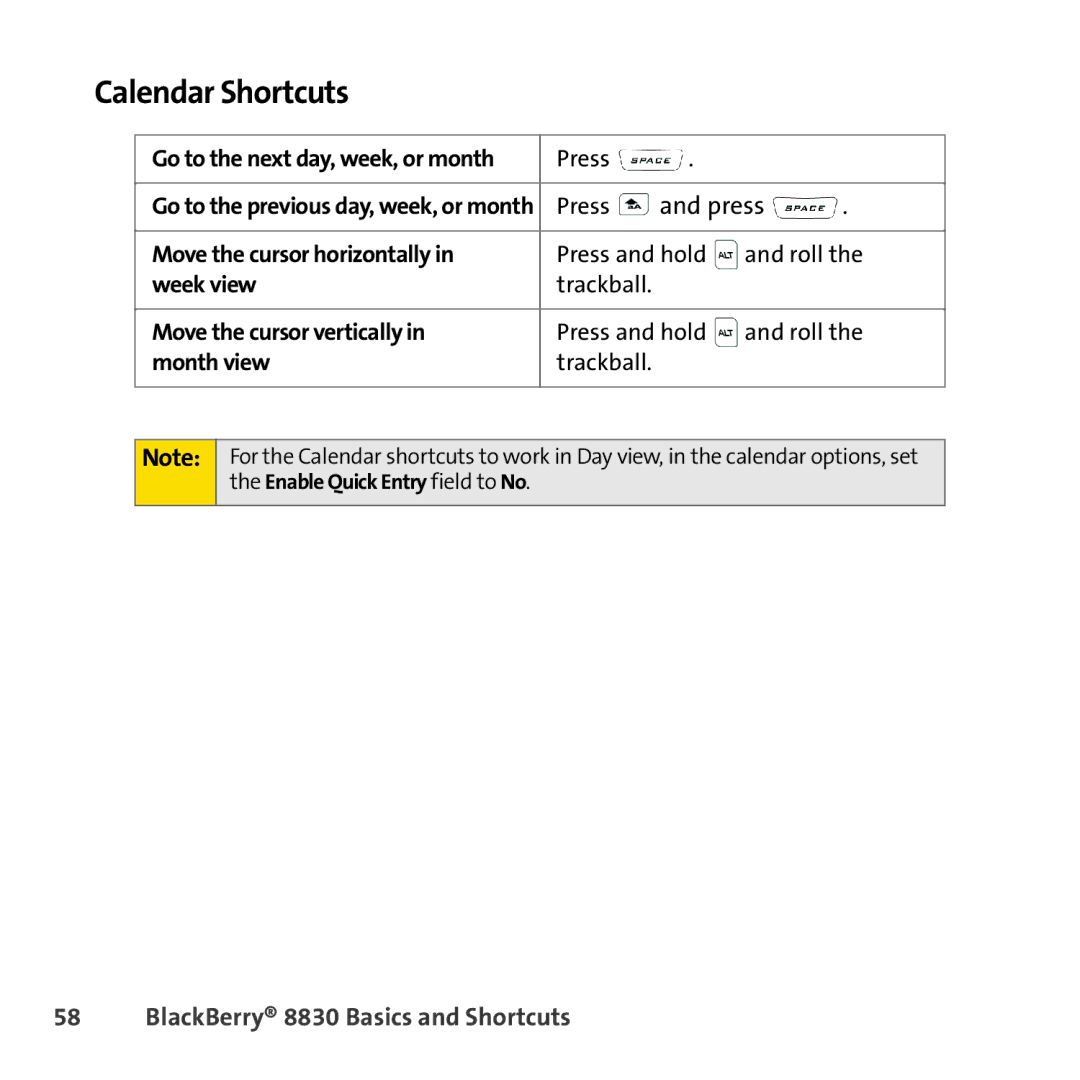 Sprint Nextel 8830 Calendar Shortcuts, Move the cursor horizontally, Week view, Move the cursor vertically, Month view 