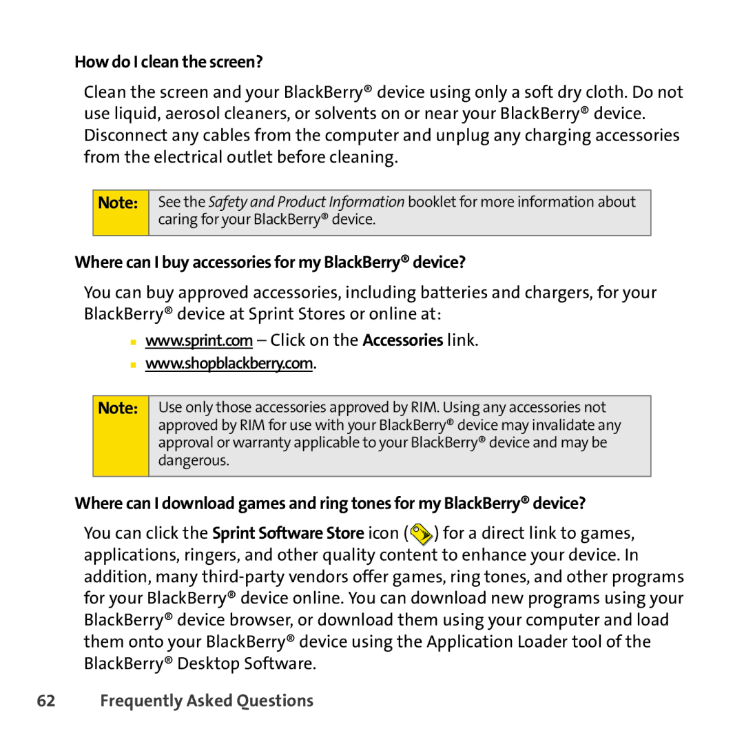 Sprint Nextel 8830 manual How do I clean the screen?, Where can I buy accessories for my BlackBerry device? 