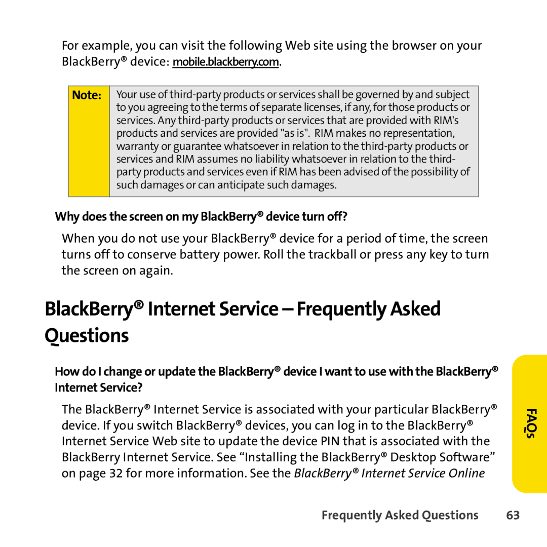 Sprint Nextel 8830 manual BlackBerry Internet Service Frequently Asked Questions 