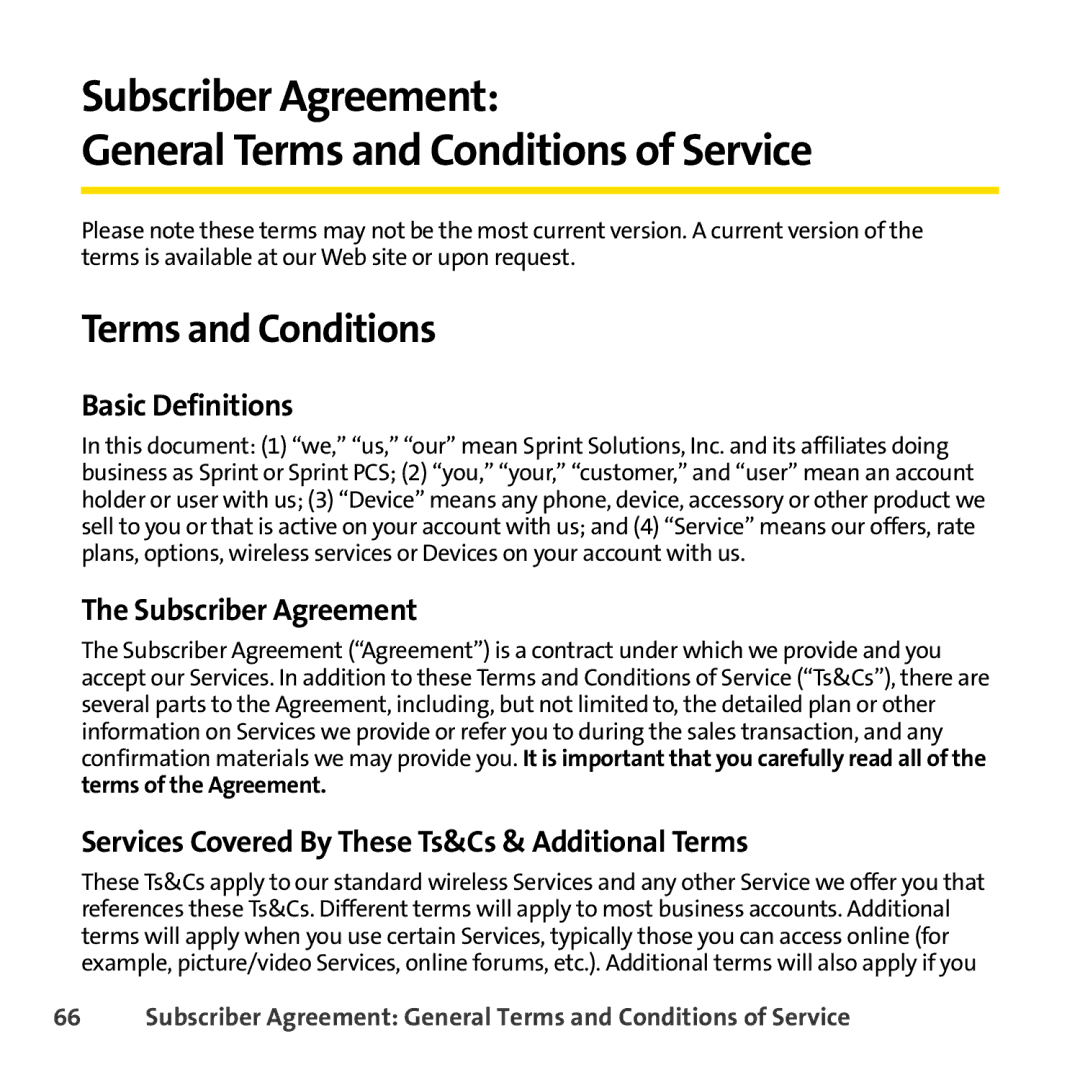 Sprint Nextel 8830 manual Terms and Conditions, Basic Definitions, Subscriber Agreement 