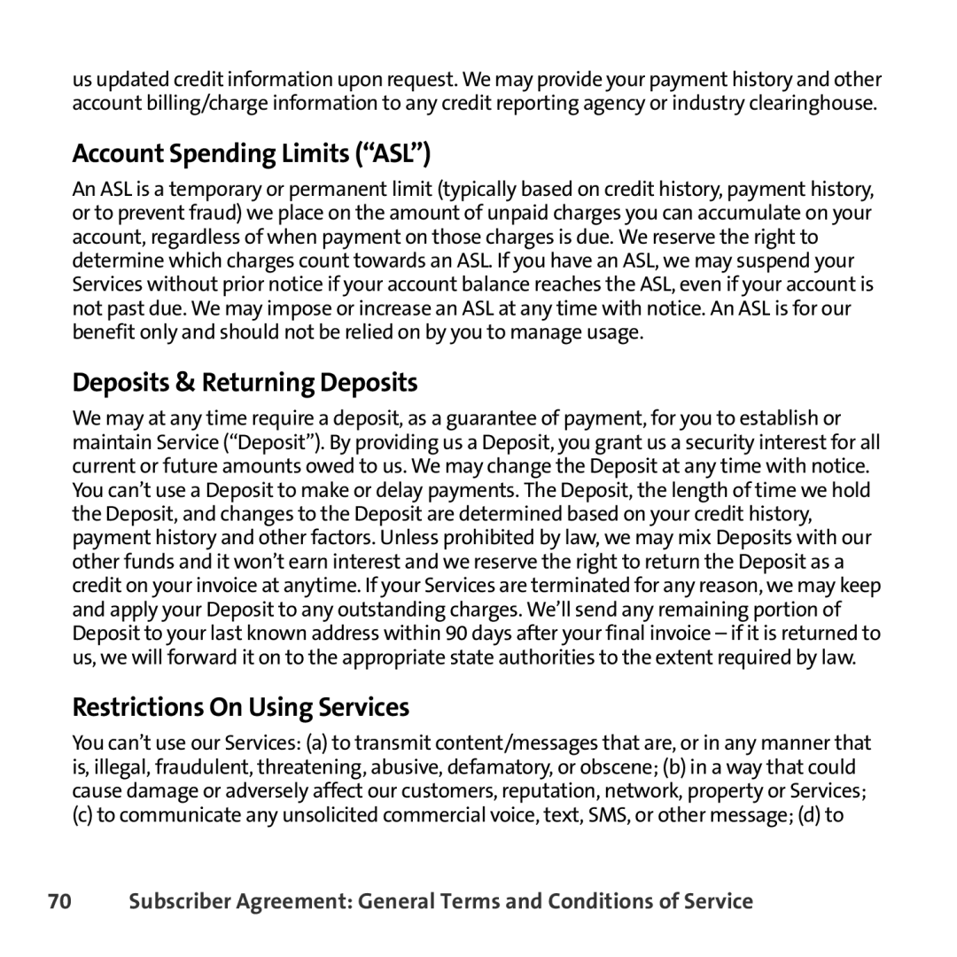 Sprint Nextel 8830 manual Account Spending Limits ASL, Deposits & Returning Deposits, Restrictions On Using Services 