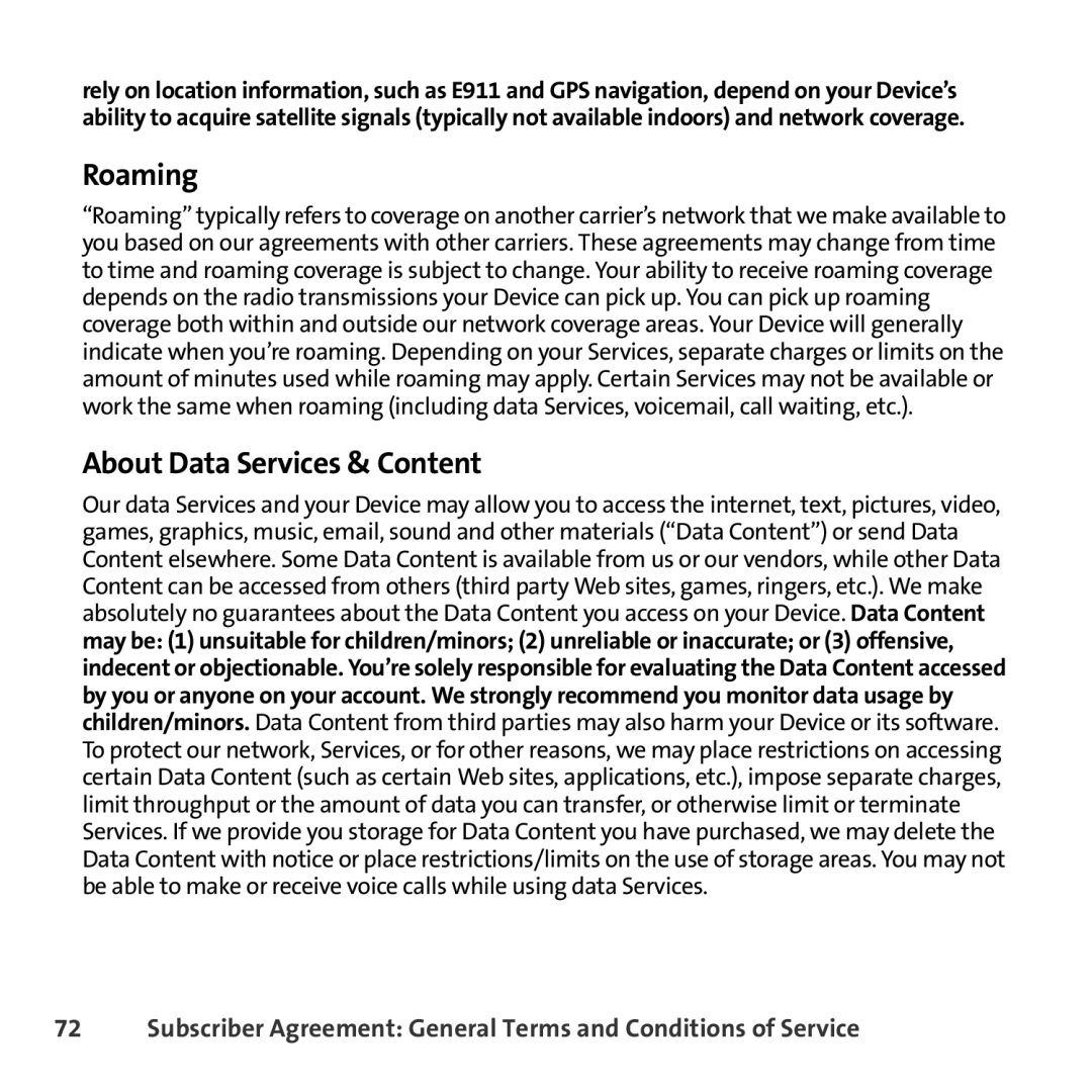 Sprint Nextel 8830 manual Roaming, About Data Services & Content 