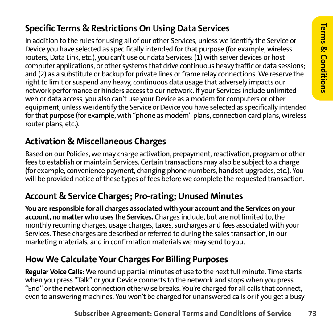 Sprint Nextel 8830 manual Specific Terms & Restrictions On Using Data Services, Activation & Miscellaneous Charges 