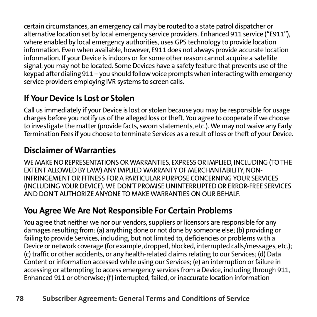 Sprint Nextel 8830 manual If Your Device Is Lost or Stolen, Disclaimer of Warranties 
