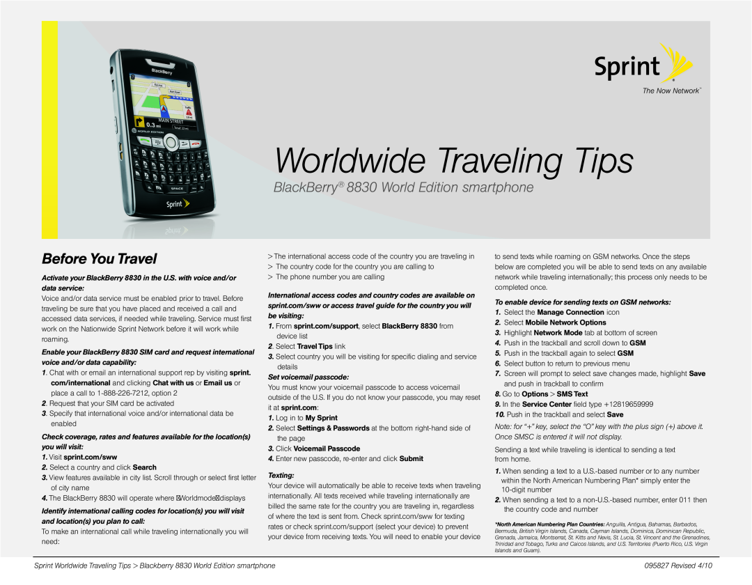 Sprint Nextel manual Before You Travel, Worldwide Traveling Tips, BlackBerry 8830 World Edition smartphone 
