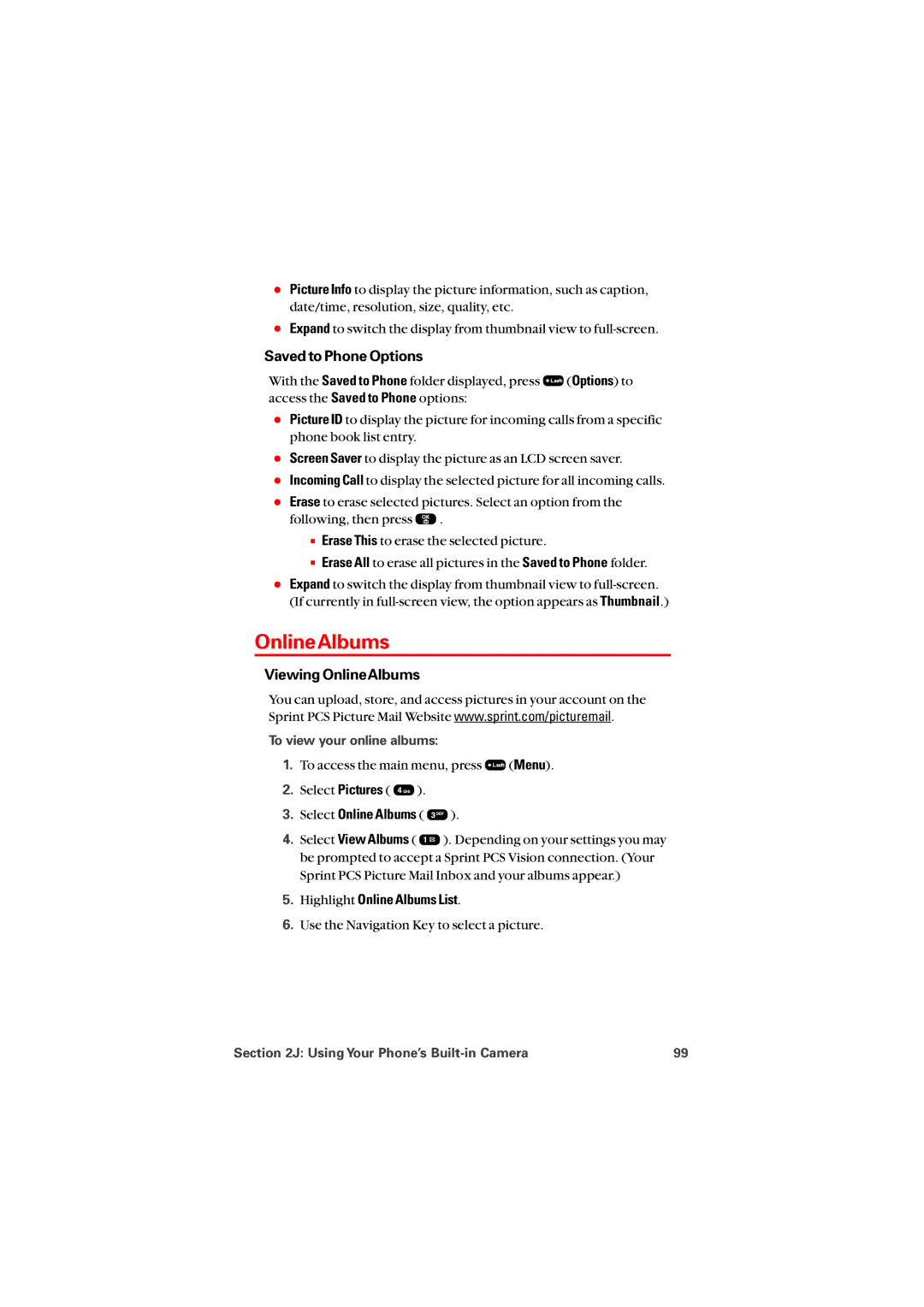Sprint Nextel 8912 Saved to Phone Options, Viewing OnlineAlbums, Select Online Albums, Highlight Online Albums List 