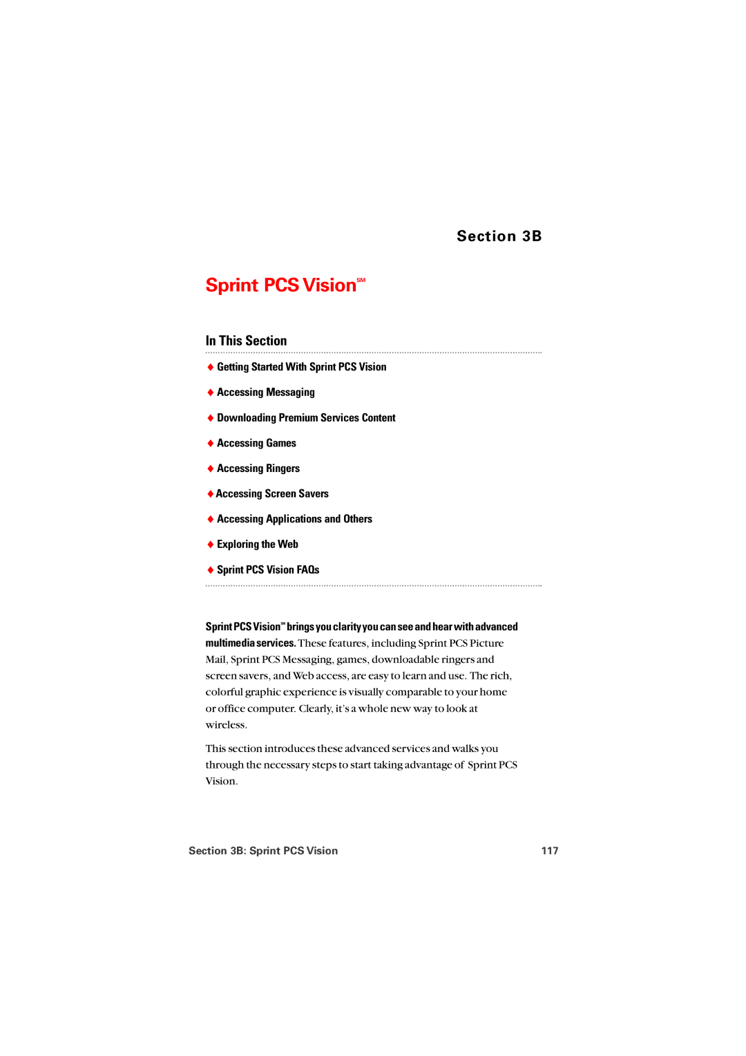 Sprint Nextel 8912 manual Sprint PCS VisionSM, Sprint PCS Vision 117 