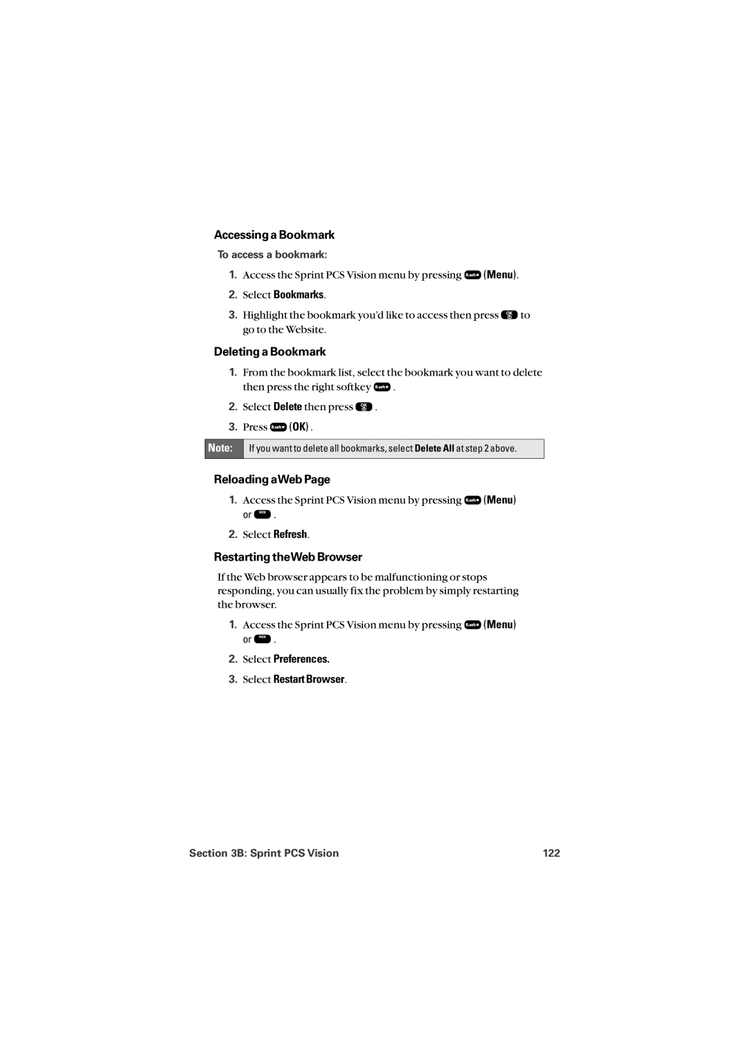Sprint Nextel 8912 manual Accessing a Bookmark, Deleting a Bookmark, Reloading aWeb, Restarting theWeb Browser 