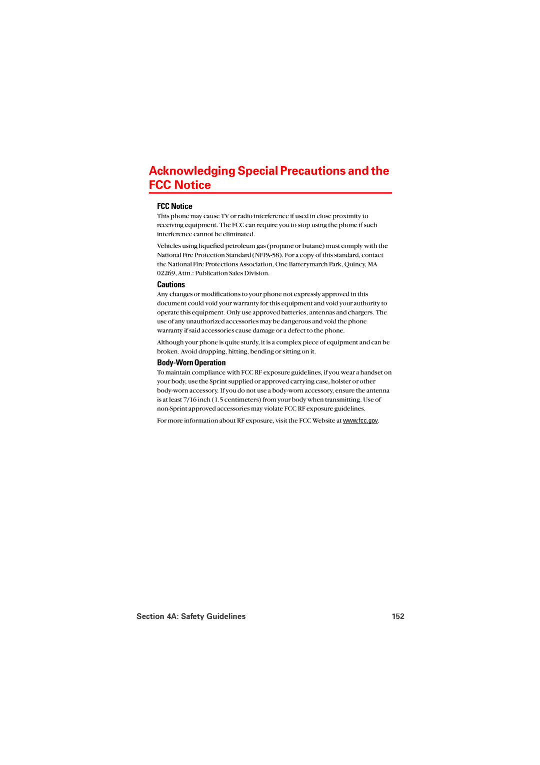 Sprint Nextel 8912 manual Acknowledging Special Precautions and the FCC Notice, Body-Worn Operation, Safety Guidelines 152 
