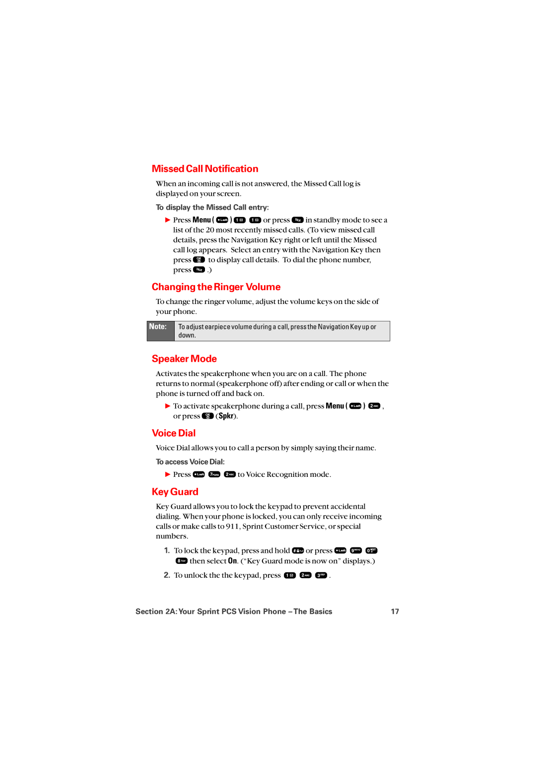 Sprint Nextel 8912 manual Missed Call Notification, Changing the Ringer Volume, Speaker Mode, Voice Dial, Key Guard 