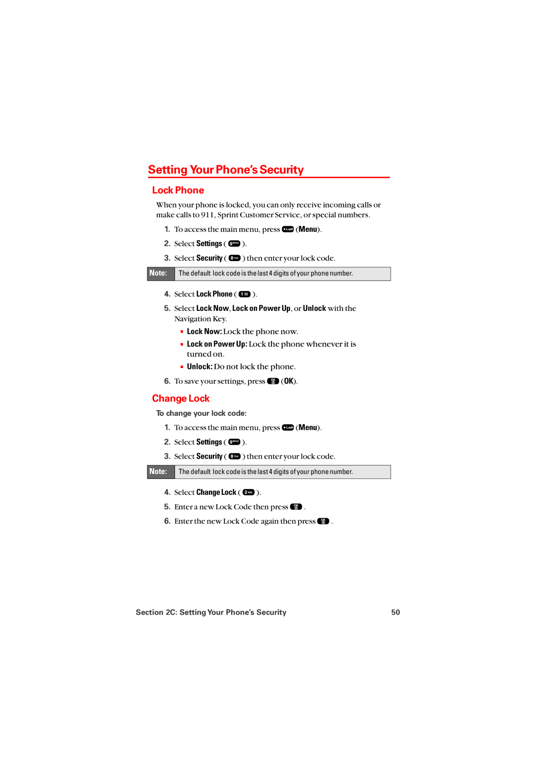 Sprint Nextel 8912 manual Setting Your Phone’s Security, Lock Phone, Change Lock, To change your lock code 