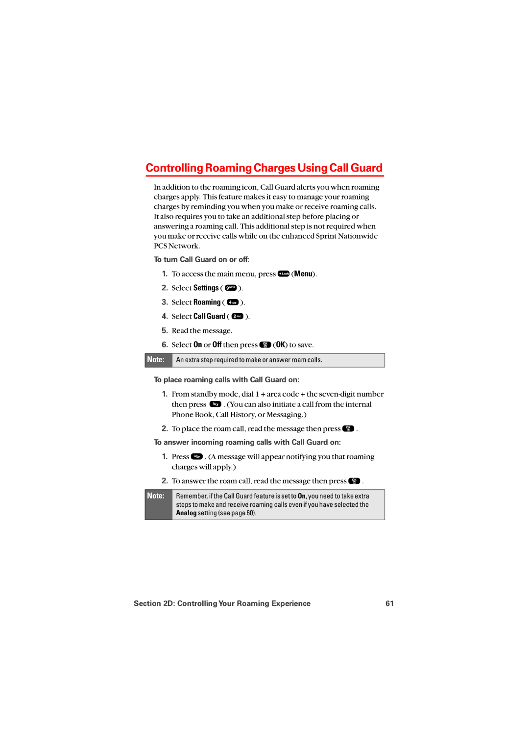 Sprint Nextel 8912 manual Controlling Roaming Charges Using Call Guard, To turn Call Guard on or off 