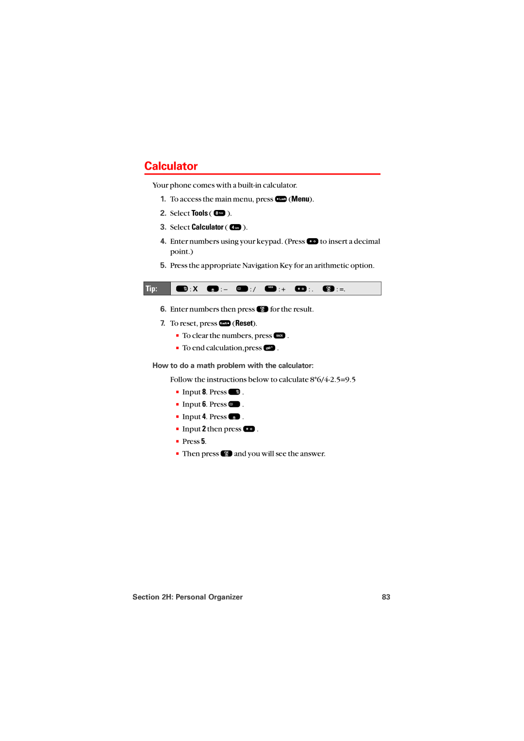 Sprint Nextel 8912 manual Calculator, How to do a math problem with the calculator 