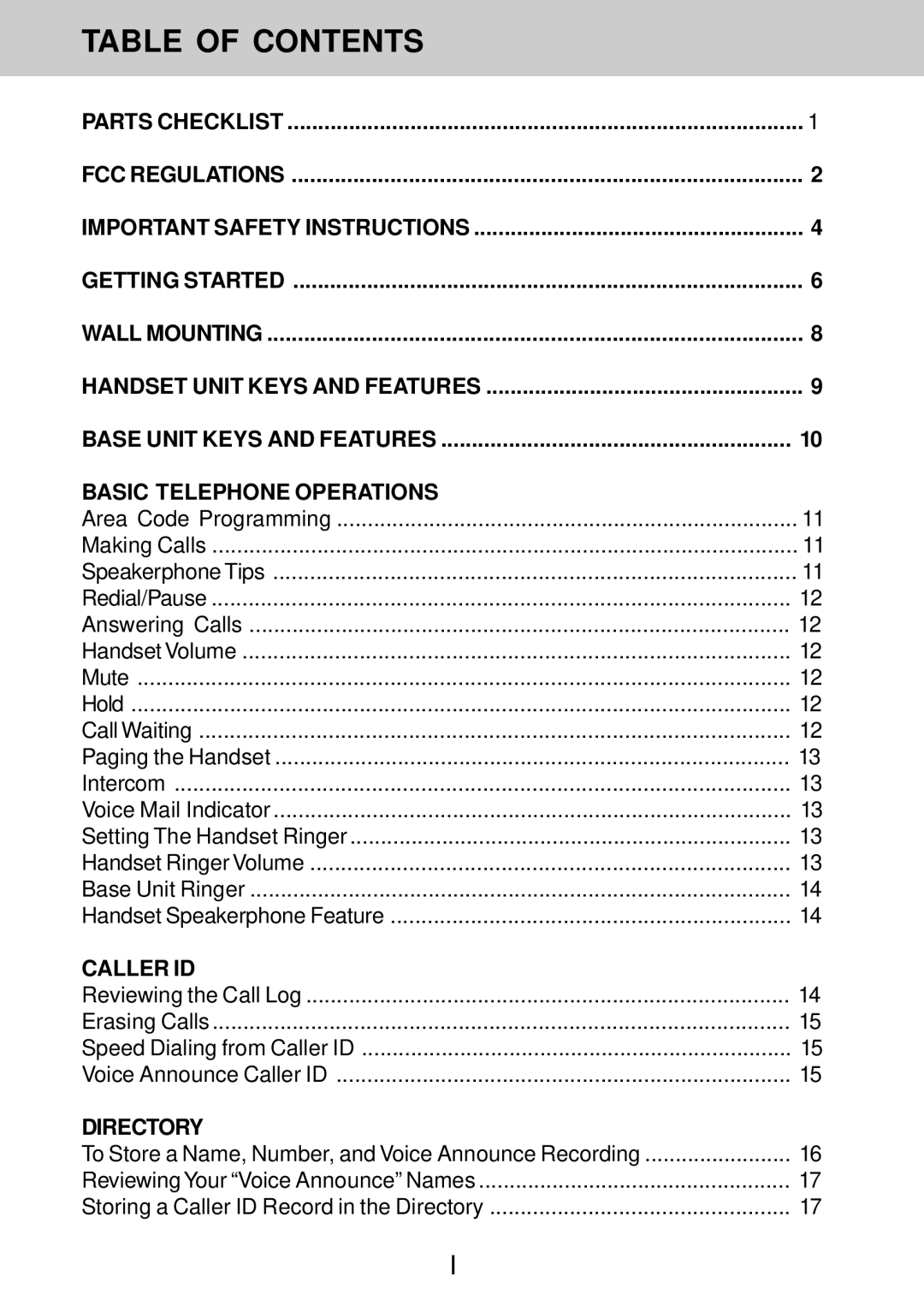 Sprint Nextel 900MHz Digital Cordless Phone with Call Waiting owner manual Table of Contents 