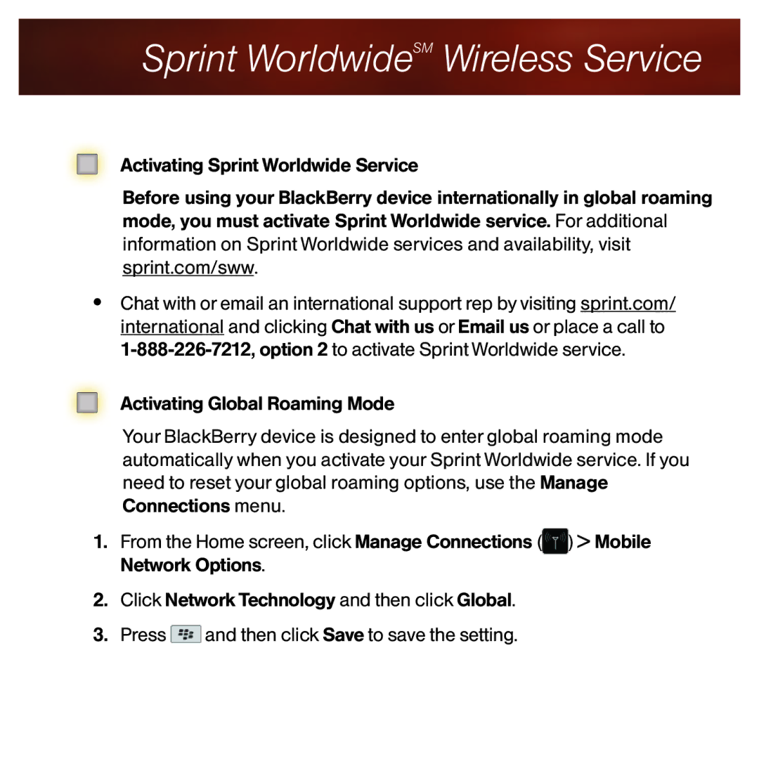 Sprint Nextel 9630 manual Sprint WorldwideSM Wireless Service 