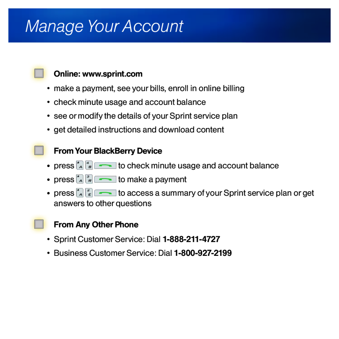 Sprint Nextel 9630 manual Manage Your Account 