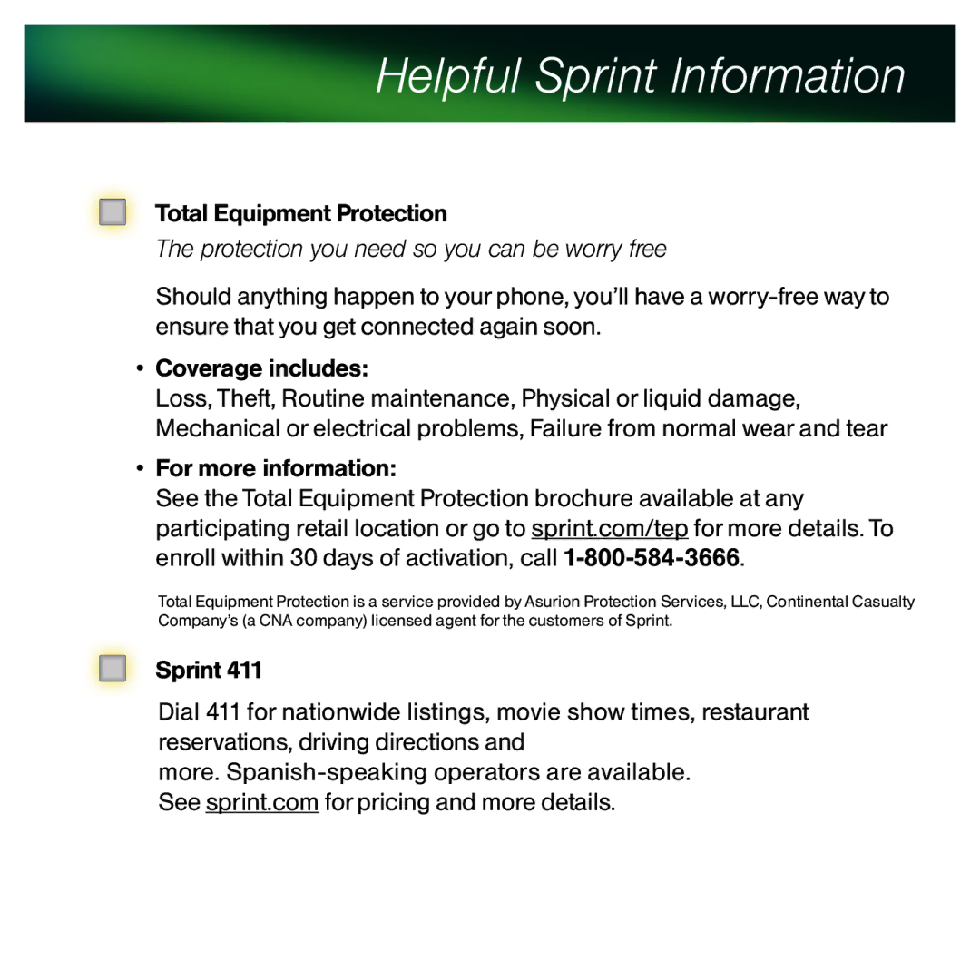 Sprint Nextel 9630 manual Helpful Sprint Information, Total Equipment Protection, For more information 