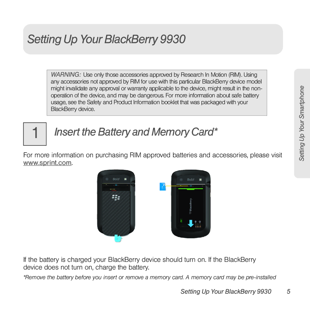 Sprint Nextel 9930 manual Setting Up Your BlackBerry, Insert the Battery and Memory Card 