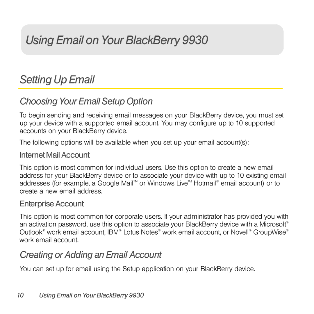 Sprint Nextel 9930 manual Using Email on Your BlackBerry, Setting Up Email, Choosing Your Email Setup Option 