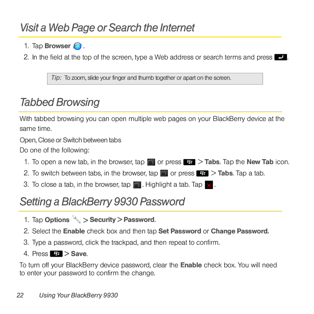 Sprint Nextel manual Visit a Web Page or Search the Internet, Tabbed Browsing, Setting a BlackBerry 9930 Password 