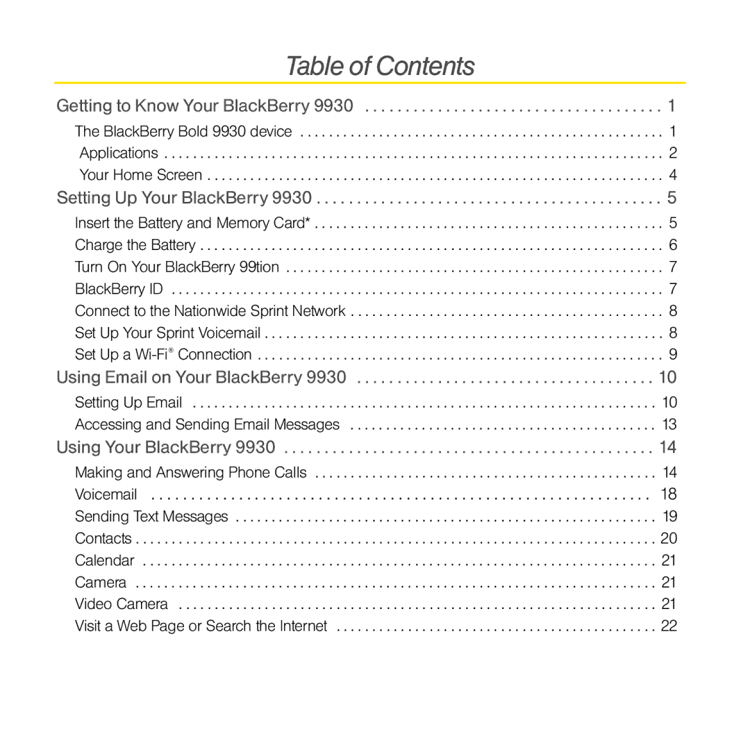 Sprint Nextel 9930 manual Table of Contents 