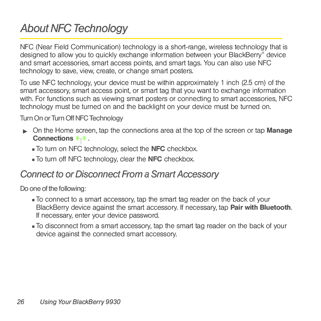 Sprint Nextel 9930 manual About NFC Technology, Connect to or Disconnect From a Smart Accessory, Doone ofthe following 