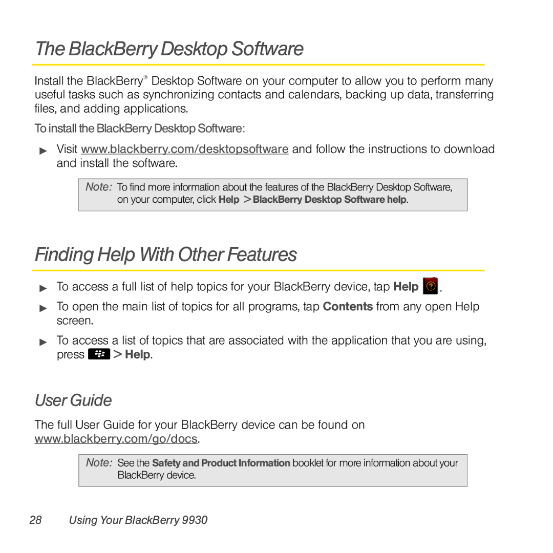 Sprint Nextel 9930 manual BlackBerry Desktop Software, Finding Help With Other Features, User Guide 