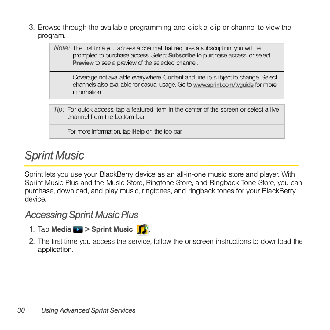 Sprint Nextel 9930 manual Accessing Sprint Music Plus, Tap Media Sprint Music 