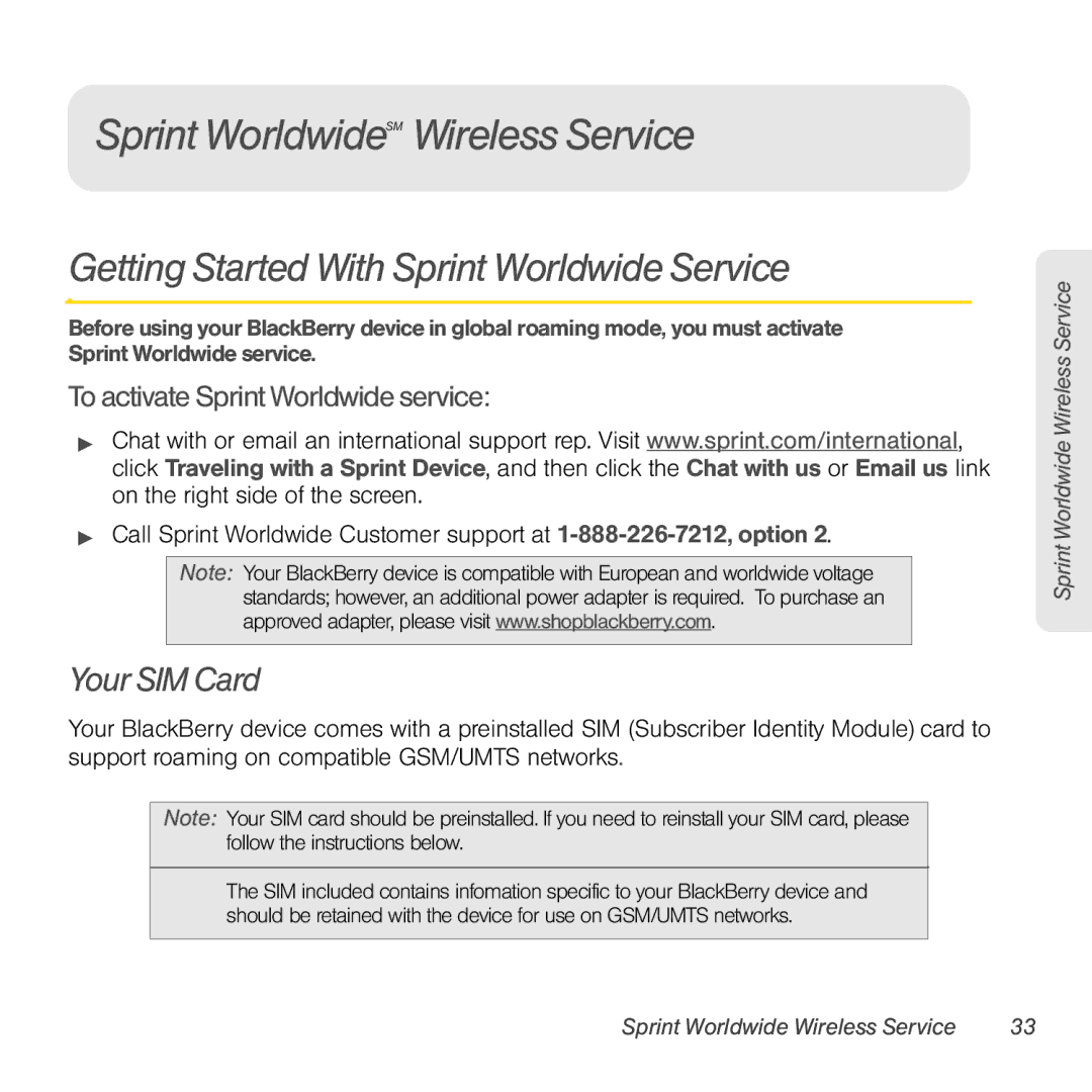 Sprint Nextel 9930 manual Sprint WorldwideSM Wireless Service, Getting Started With Sprint Worldwide Service, Your SIM Card 