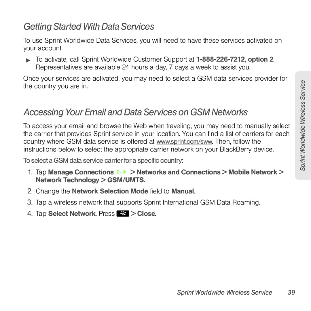 Sprint Nextel 9930 manual Getting Started With Data Services, Accessing Your Email and Data Services on GSM Networks 