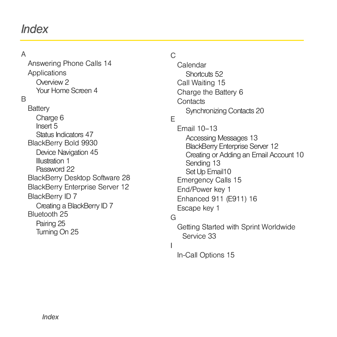 Sprint Nextel 9930 manual Index 