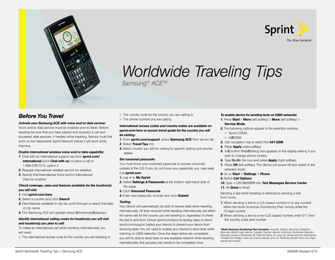 Sprint Nextel ACE manual Set voicemail passcode, Texting To enable device for sending texts on GSM networks 