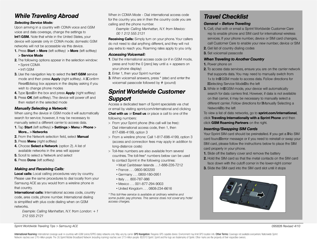 Sprint Nextel ACE manual While Traveling Abroad, Sprint Worldwide Customer Support, Travel Checklist 