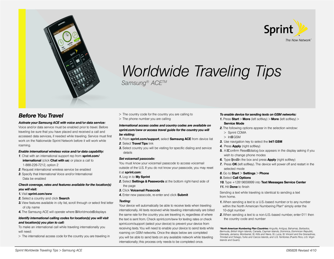 Sprint Nextel manual Worldwide Traveling Tips, Samsung ACETM, Before You Travel 