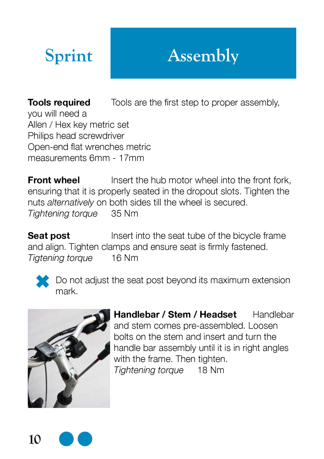 Sprint Nextel Bike user manual Tightening torque 18 Nm 