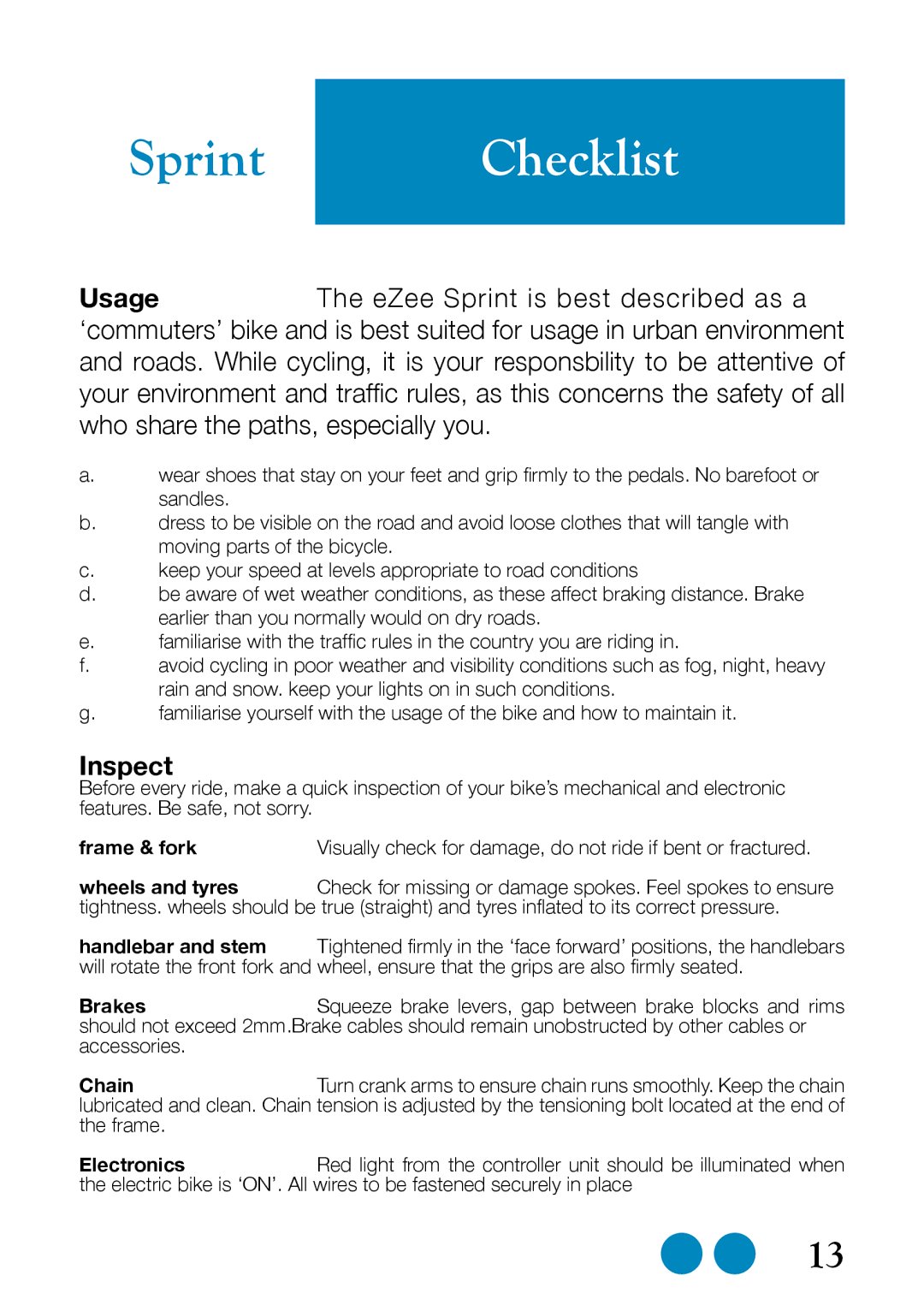 Sprint Nextel Bike user manual Sprint Checklist, Inspect 