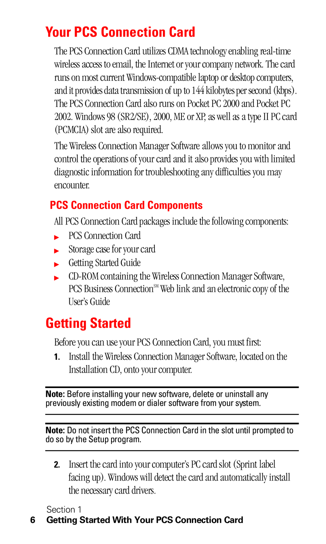 Sprint Nextel C201 manual Your PCS Connection Card, Getting Started, PCS Connection Card Components 