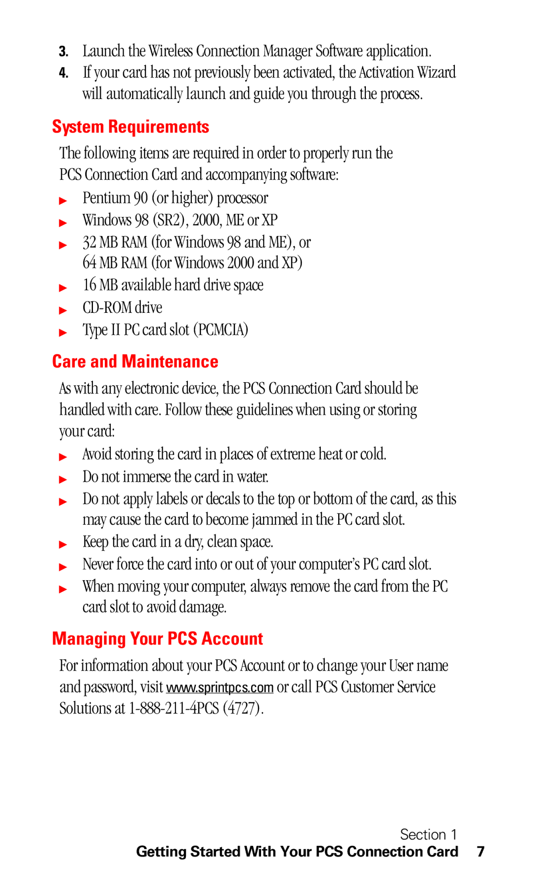 Sprint Nextel C201 Launch the Wireless Connection Manager Software application, System Requirements, Care and Maintenance 