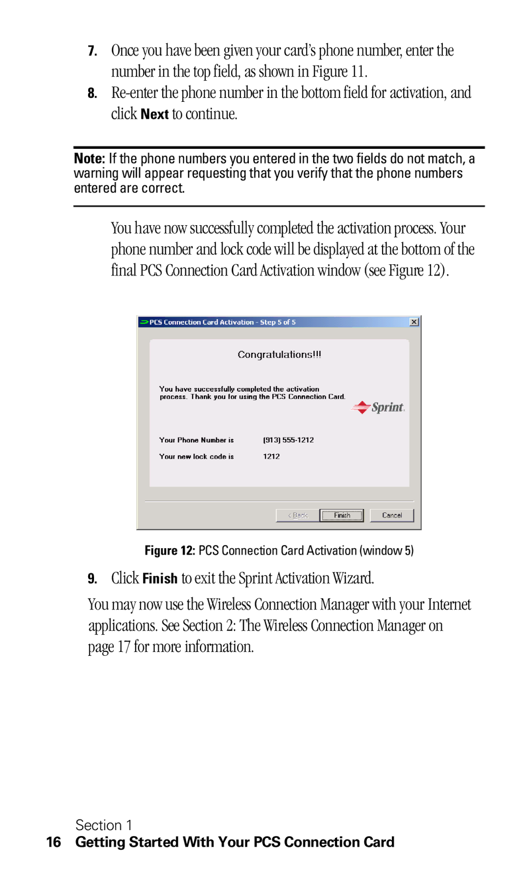 Sprint Nextel C201 manual Click Finish to exit the Sprint Activation Wizard 