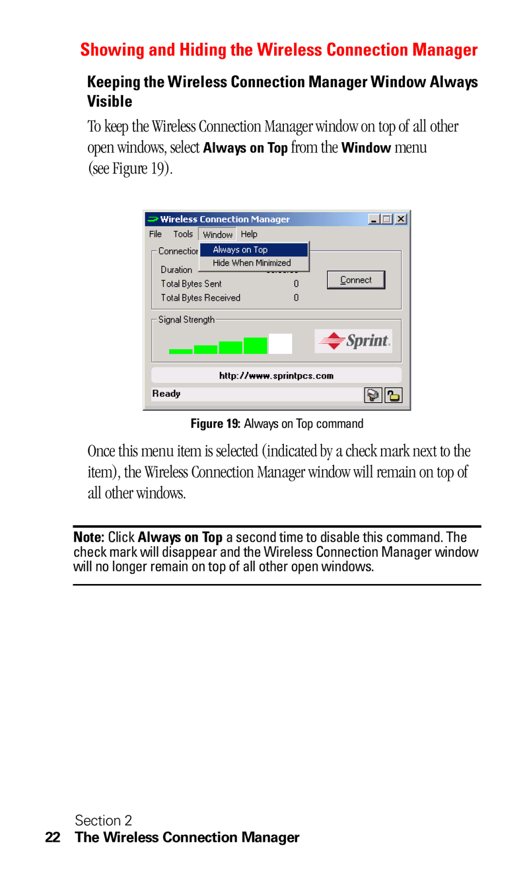 Sprint Nextel C201 manual Showing and Hiding the Wireless Connection Manager 