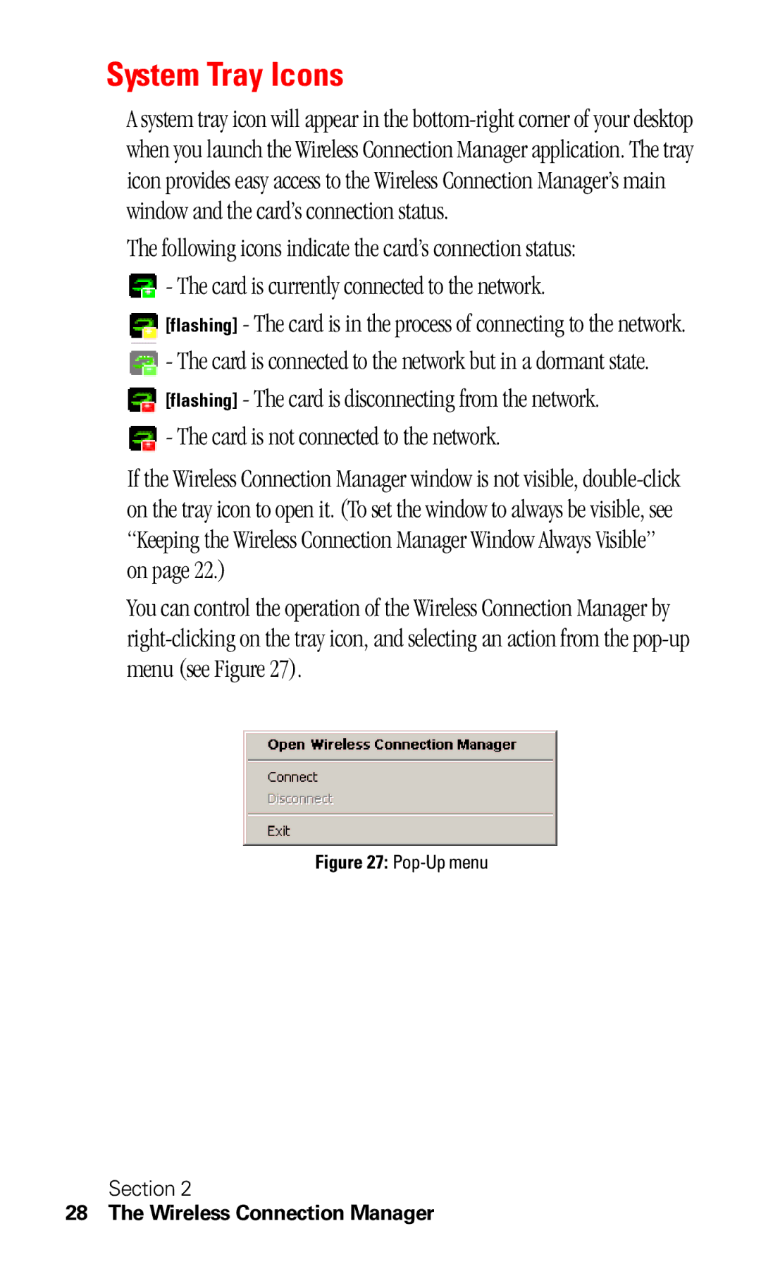 Sprint Nextel C201 manual System Tray Icons, Pop-Up menu 