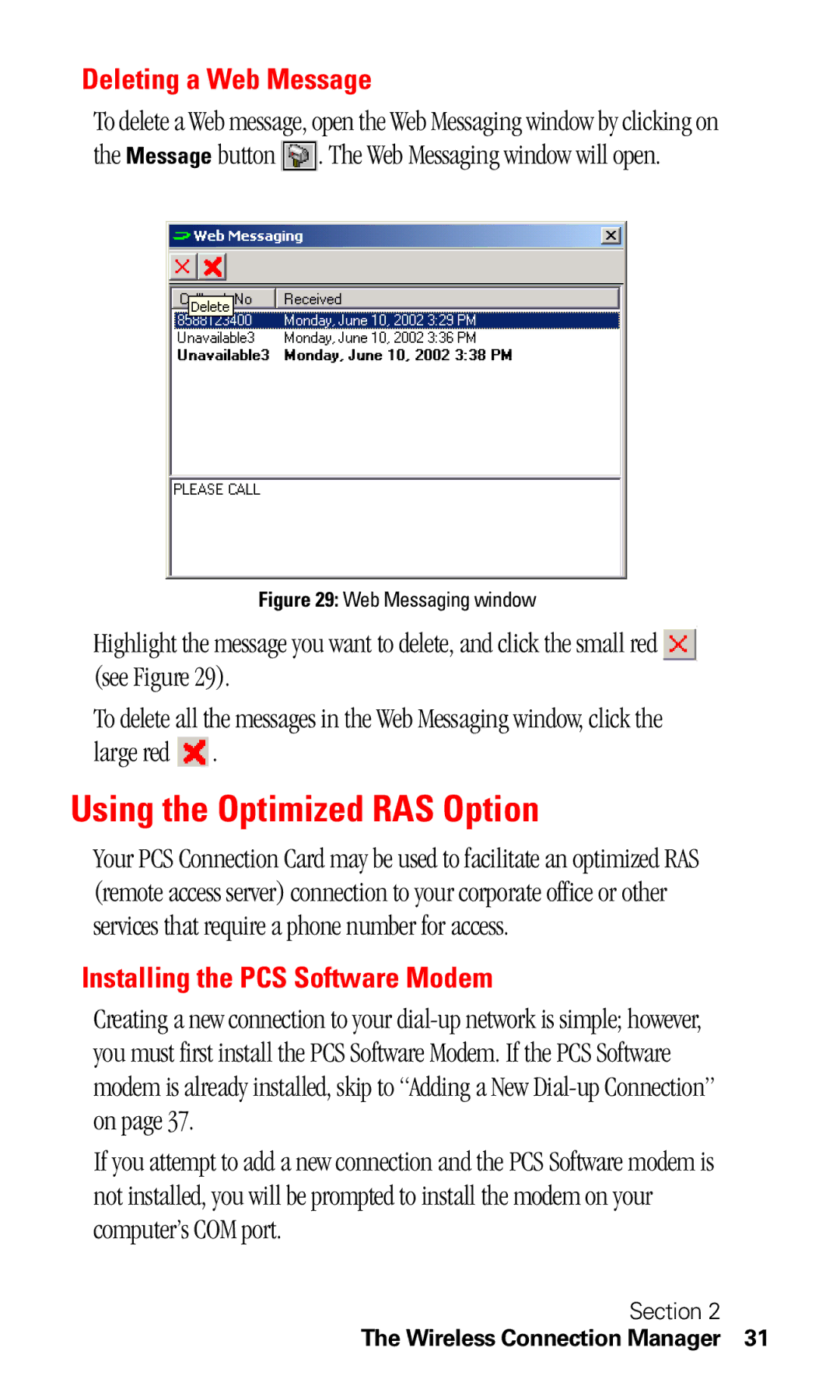 Sprint Nextel C201 manual Using the Optimized RAS Option, Deleting a Web Message, Installing the PCS Software Modem 