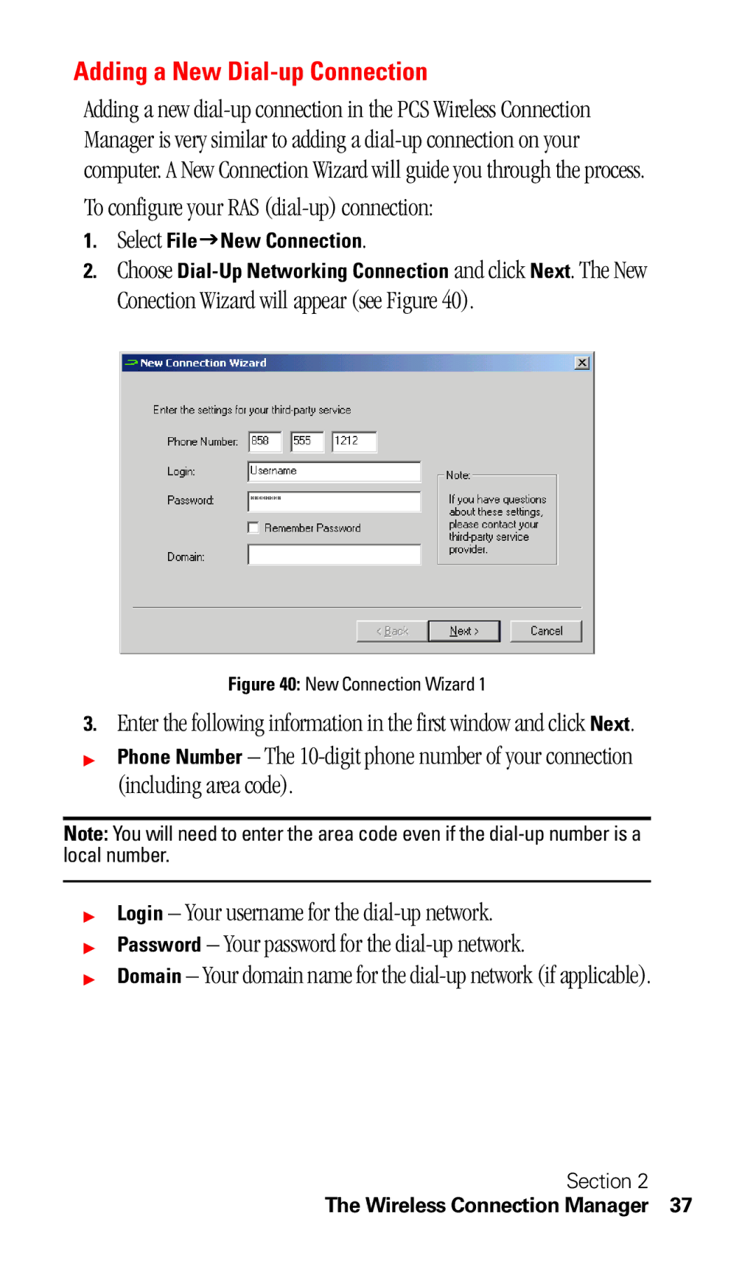 Sprint Nextel C201 manual Adding a New Dial-up Connection, To configure your RAS dial-up connection 