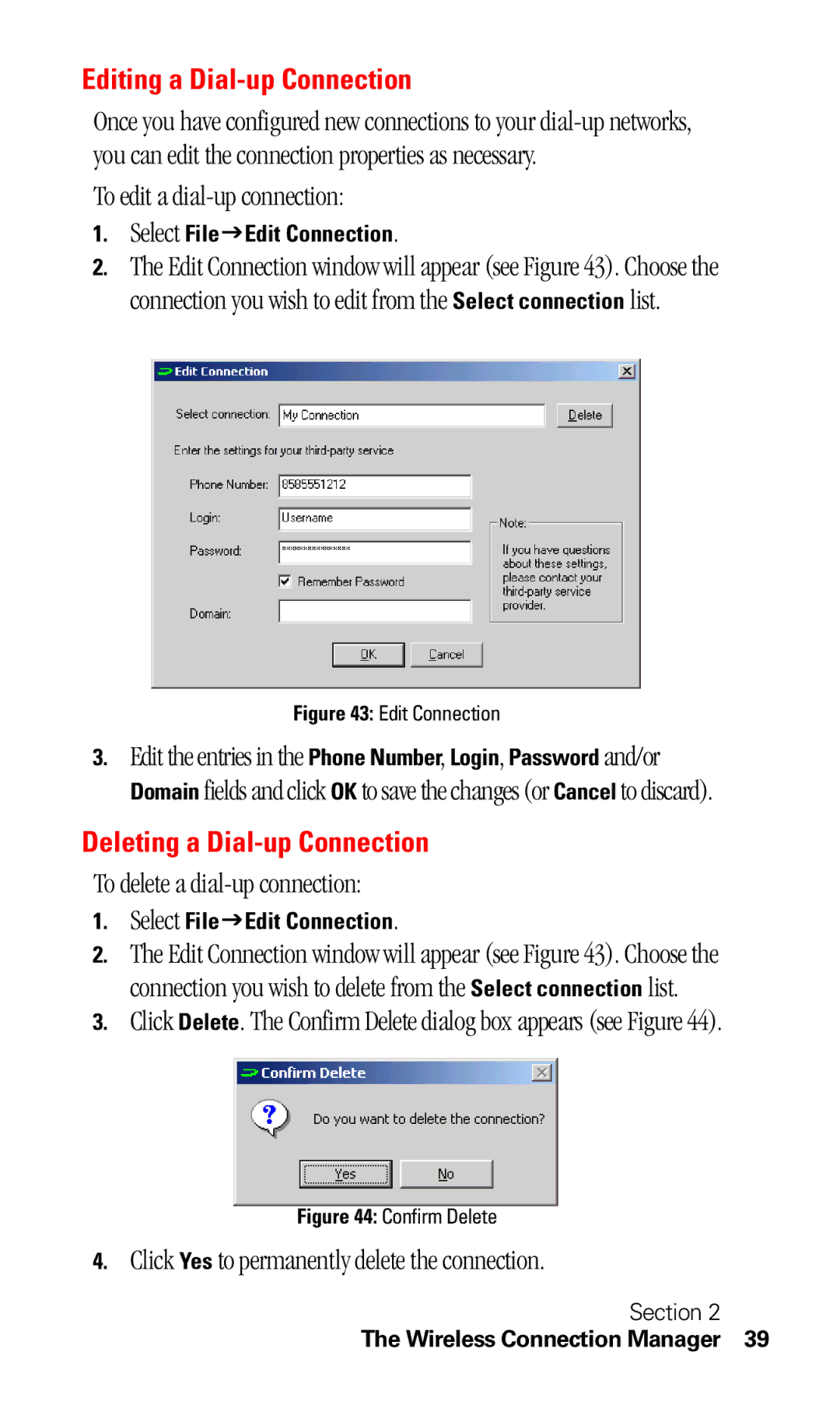 Sprint Nextel C201 manual Editing a Dial-up Connection, Deleting a Dial-up Connection 