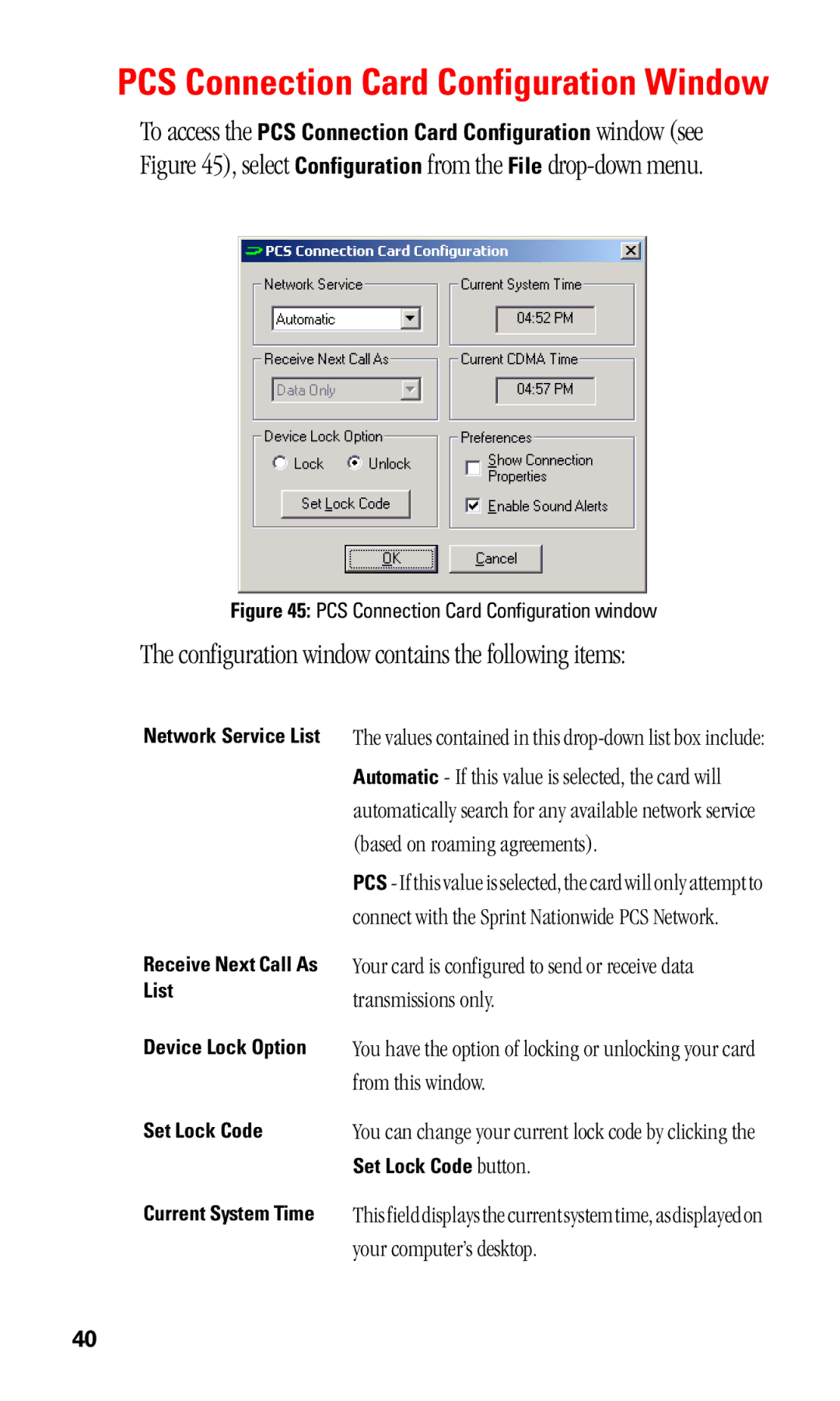 Sprint Nextel C201 manual PCS Connection Card Configuration Window, Configuration window contains the following items 