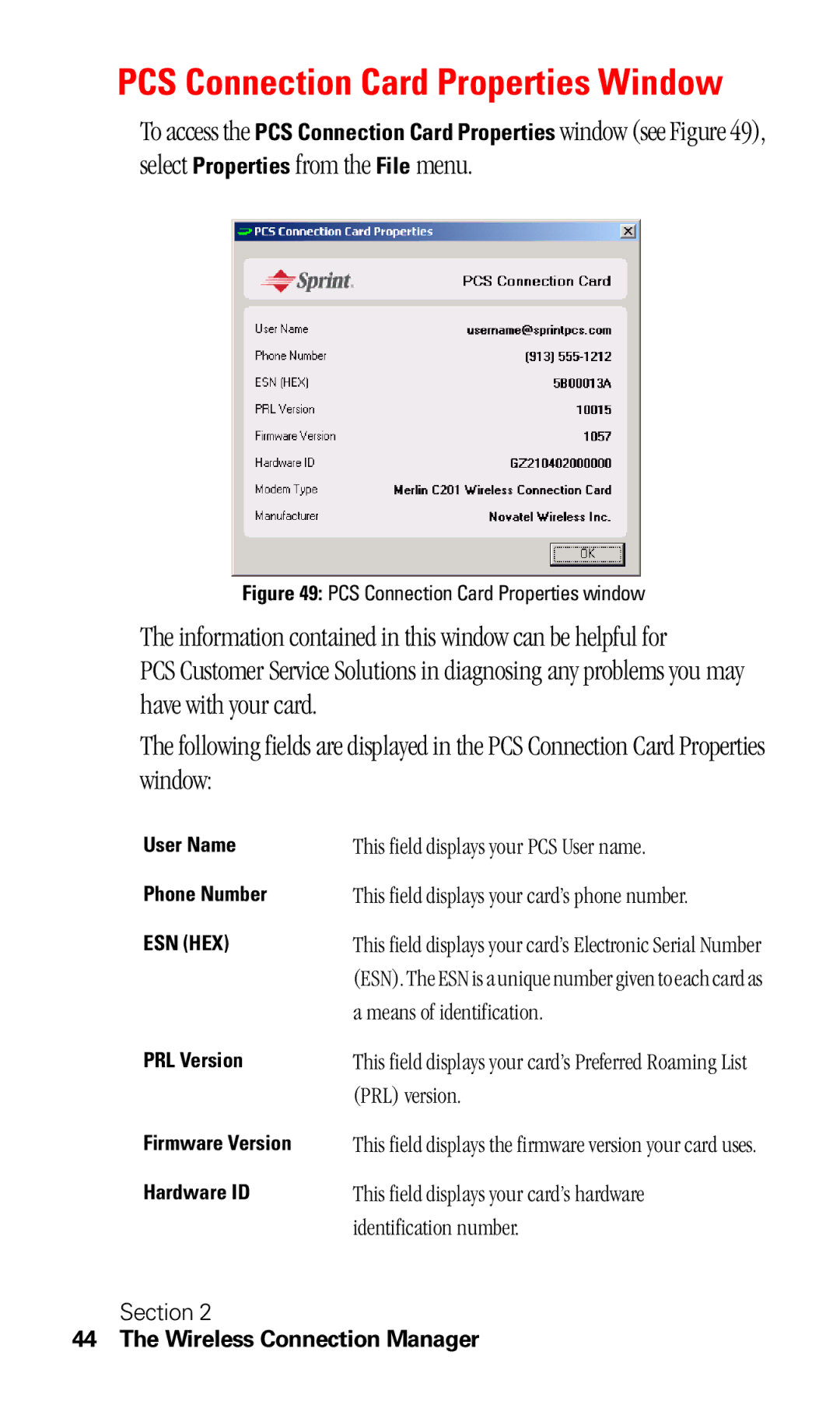 Sprint Nextel C201 manual PCS Connection Card Properties Window 